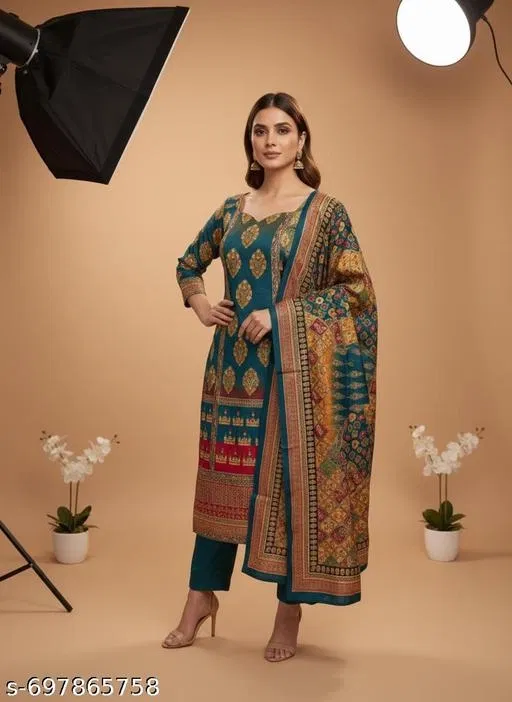 Bandhani Printed Jaipuri Designs Embroidered Top Bottom Duppata for Women (Blue, Un Stitched)