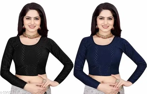 Lycra Ready Made Blouse for Women, Black & Blue, Pack of 2 (28)