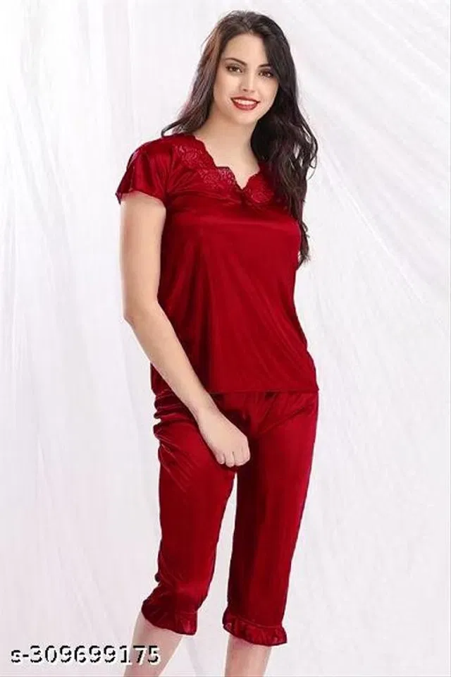 Satin Nightsuit Set for Women (Maroon, Free Size)