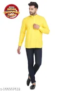 Cotton Blend Solid Short Kurta for Men (Yellow, S)