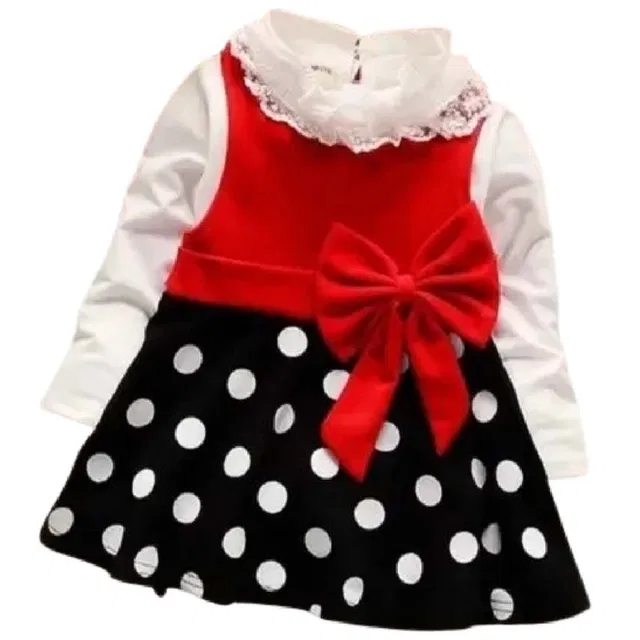 Printed Cotton Blend Frock for Girls (Red & Black, 2-3 Years)