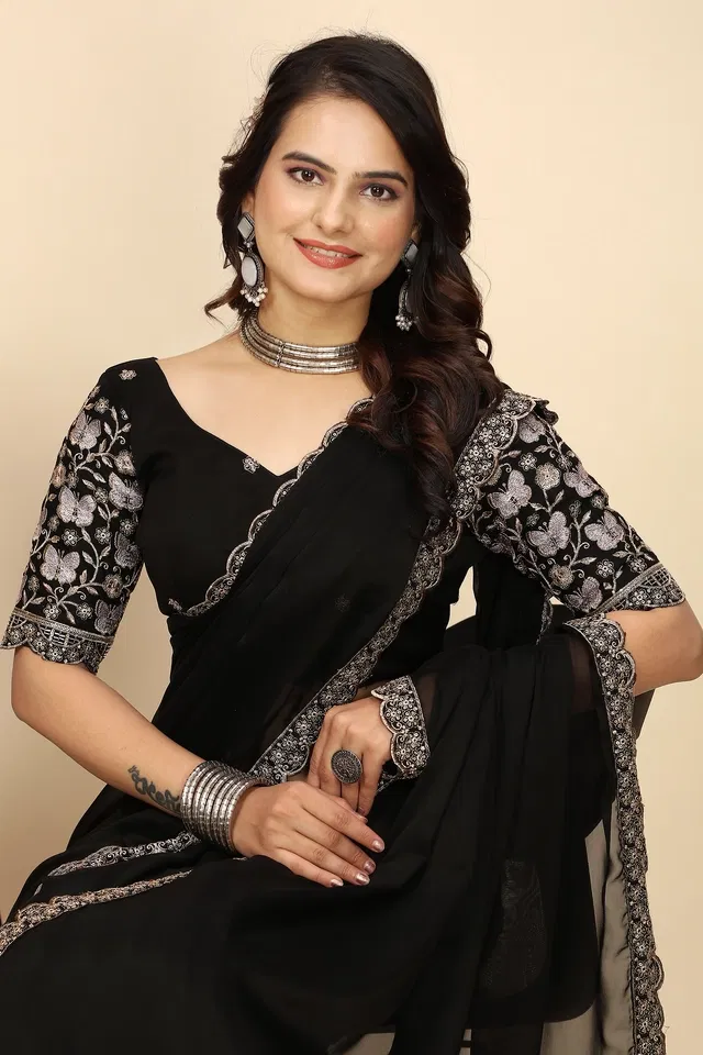 Chiffon Woven Design Saree for Women (Black, 6.3 m)