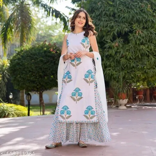 Floral Print Cotton Blend Kurti with Pant & Dupatta Set for Women (White, S)