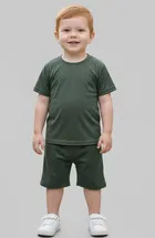 Cotton Blend Solid Clothing Set for Boys, Green 
