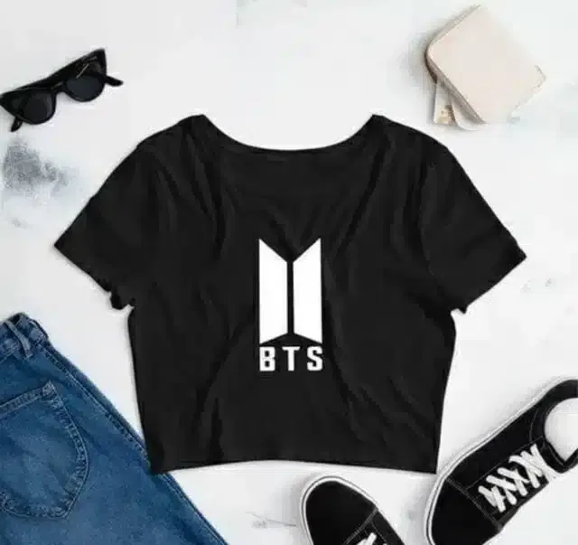 Printed Crop T-shirt for Women (Black, L)