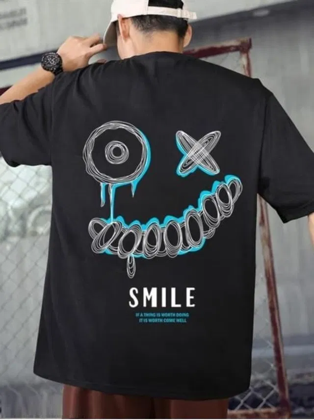 Round Neck Printed Oversized T-Shirt for Men (Black, L)