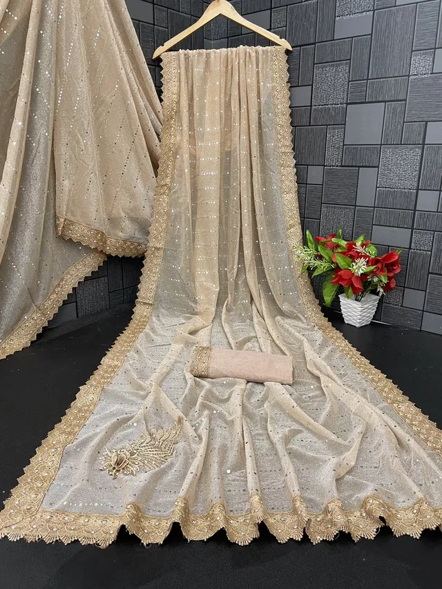 Lycra Blend Solid Saree for Women, Peach (6.3 m)