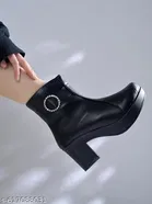 Solid Heeled Boots for Women Black 