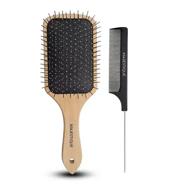 Majestique Wood Hair Brush and Detangle Tail Comb (Combo of 2) (B-56)