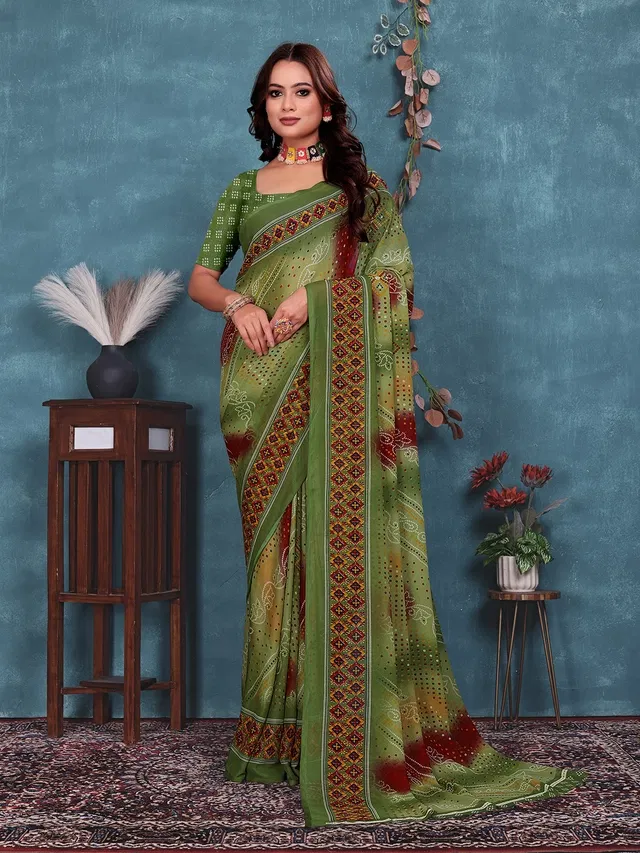 Georgette Printed Saree for Women (Green, 6.3 m)