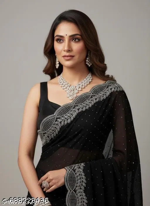 Poly Georgette Embellished Saree For Women, Black