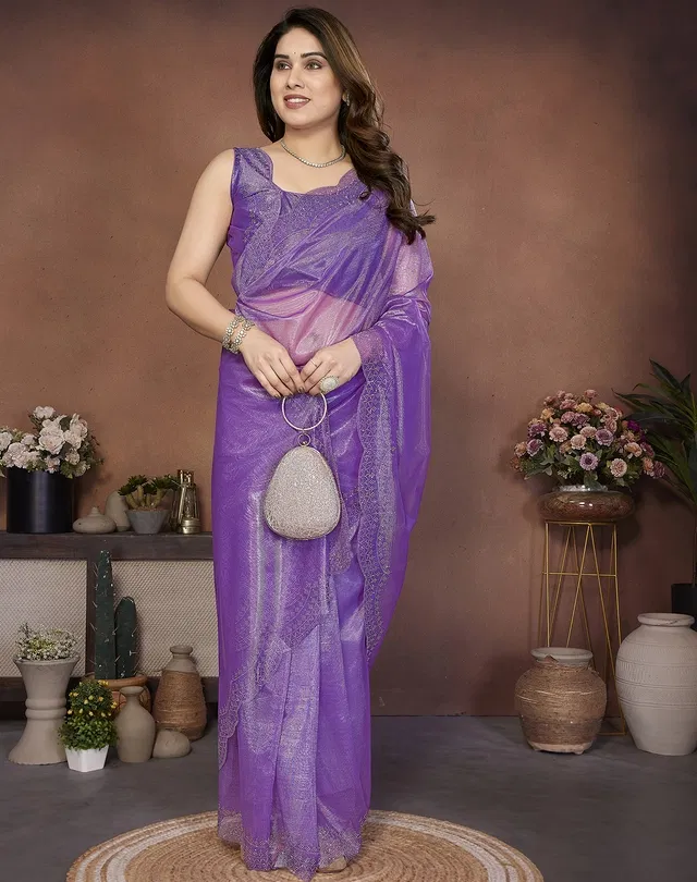 Bollywood Embroidered Organza Saree for Women (Purple)