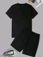 Cotton Blend Printed Top & Bottom Set for Men, Black 