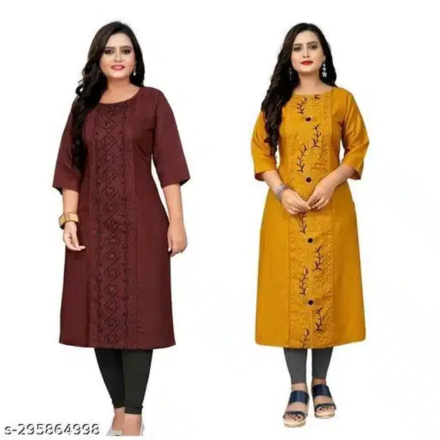 Cotton Blend Embroidered Kurti for Women (Mustard & Maroon, XXXL) (Pack of 2)