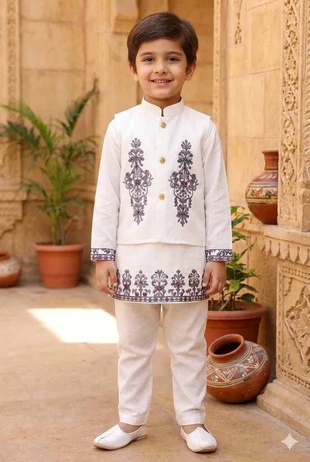 Silk Blend Printed Kurta & Paints Set for Boys , White (6-7 Years)