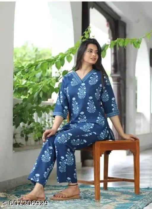 Viscose Rayon Kurta Set for Women (Blue, XL)
