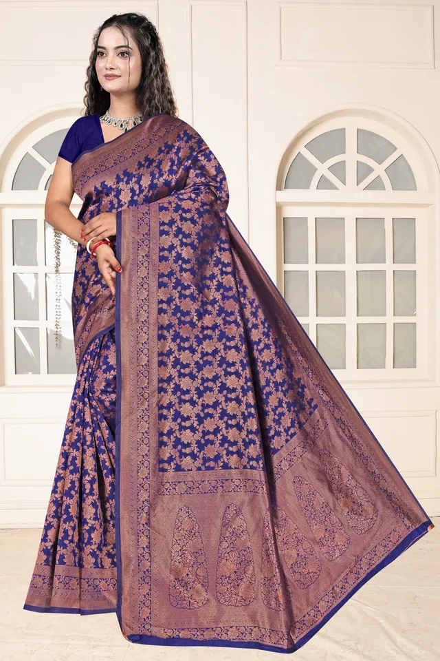 Jacquard Woven Design Saree for Women, Navy Blue (6.3 m)