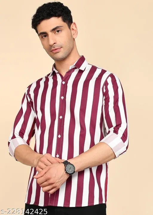 Cotton Striped Shirts for Men, Maroon (L)