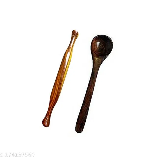 Wooden Rolling Pin with Serving Spoon (Brown, Set of 2)