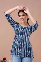 Cotton Printed Short Kurti for Women, Blue 