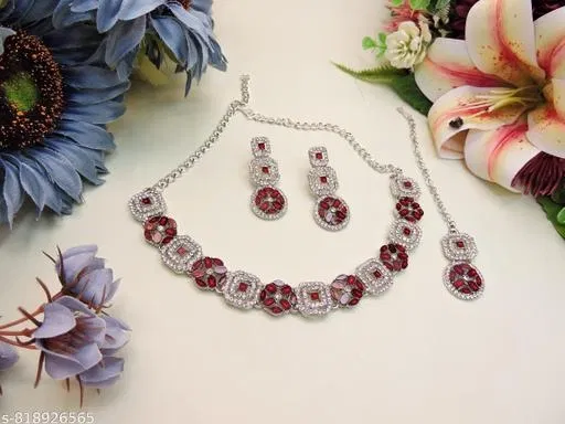 Sparkling Trendy Necklace Set for Women (Maroon, Free Size)