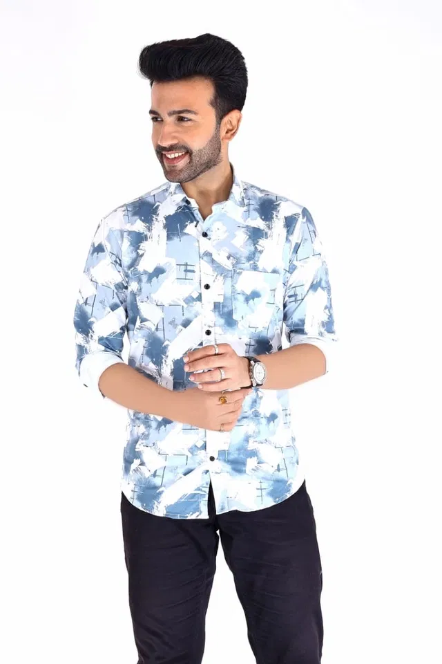Cotton Blend Printed Shirt for Men, White (M)