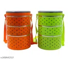 Plastic 3 Layer Lunch Box (Orange & Green, Pack of 2)