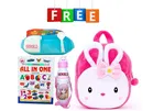 Combo of Fabric School Bag, Water Bottle, Lunch Box with All in One Book for Kids 