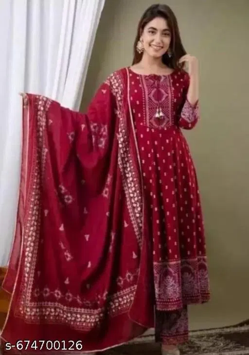 Printed Rayon Kurta Set for Women (Red, XXL)
