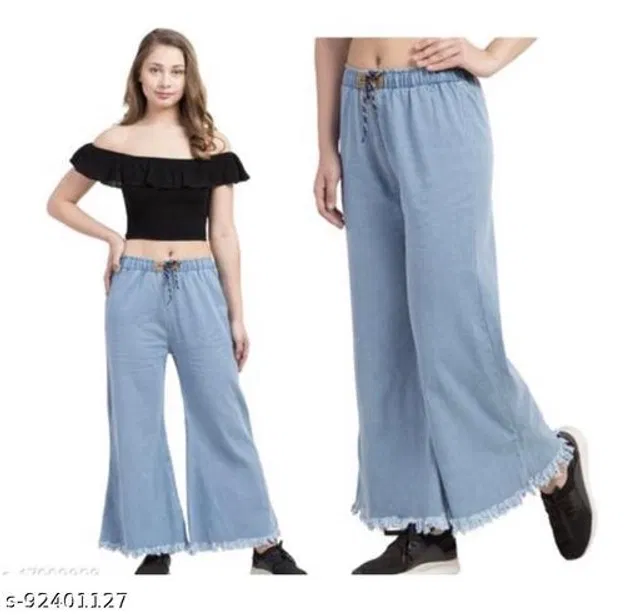 Denim Solid Palazzo for Women (Sky Blue, 32)