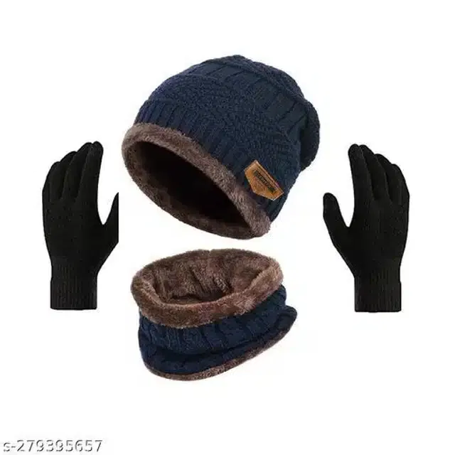 Woolen Beanie Cap with Neck Scarf & Hand Gloves for Men & Women (Multicolor, Set of 2)