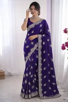 Bollywood Organza Satin Embroidered Saree for Women 