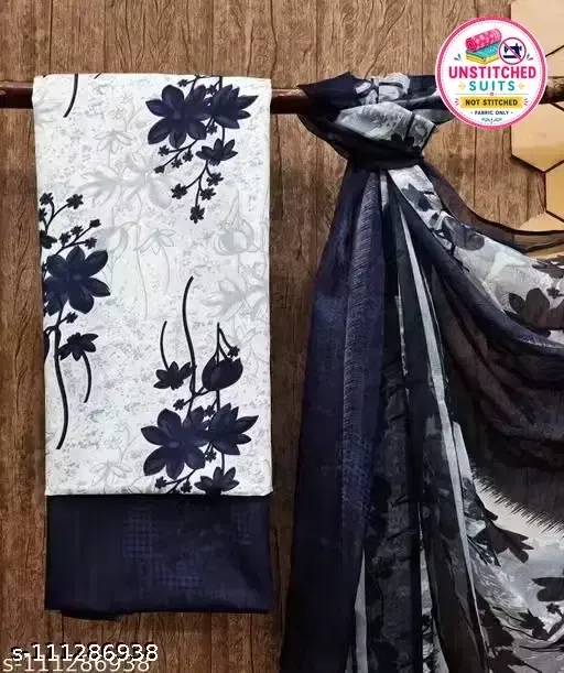 Floral Print Cotton Blend Unstitched Suit Fabric for Women, White & Blue