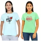 Cotton Blend T-shirt for Women, Green & Aqua, Pack of 2 