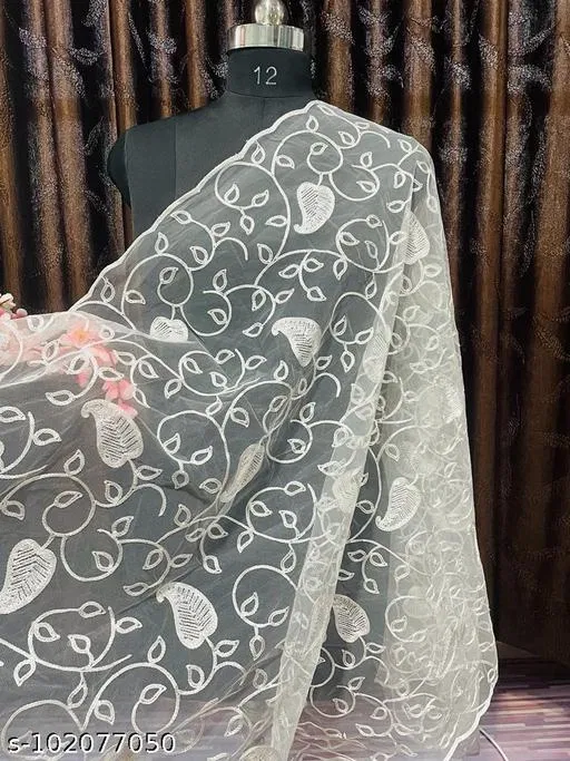 Embroidered Net Dupatta for Women (White, Free Size)