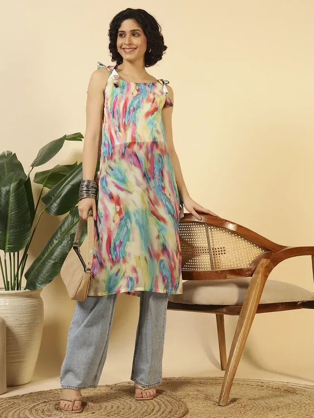 Tie Up Georgette Kurti for Women (Multicolor, S)