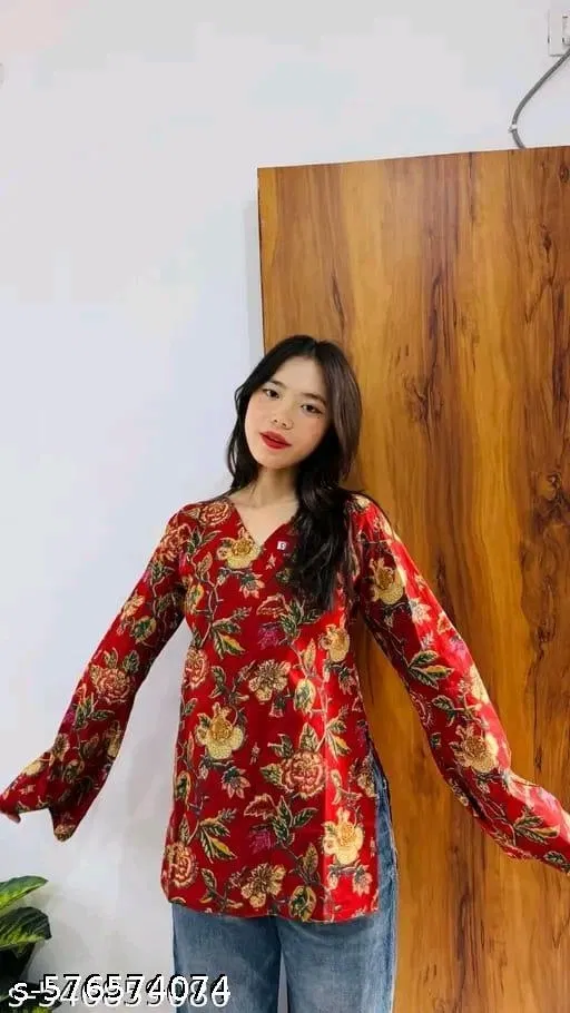 Cotton Printed Short Kurti for Women, Red (XS)