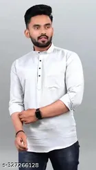 Cotton Blend Solid Short Kurta for Men, White 