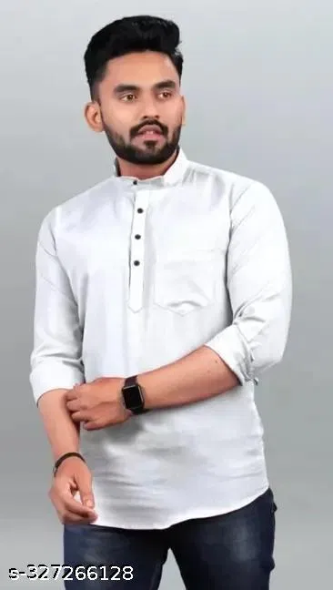 Cotton Blend Solid Short Kurta for Men, White (M)