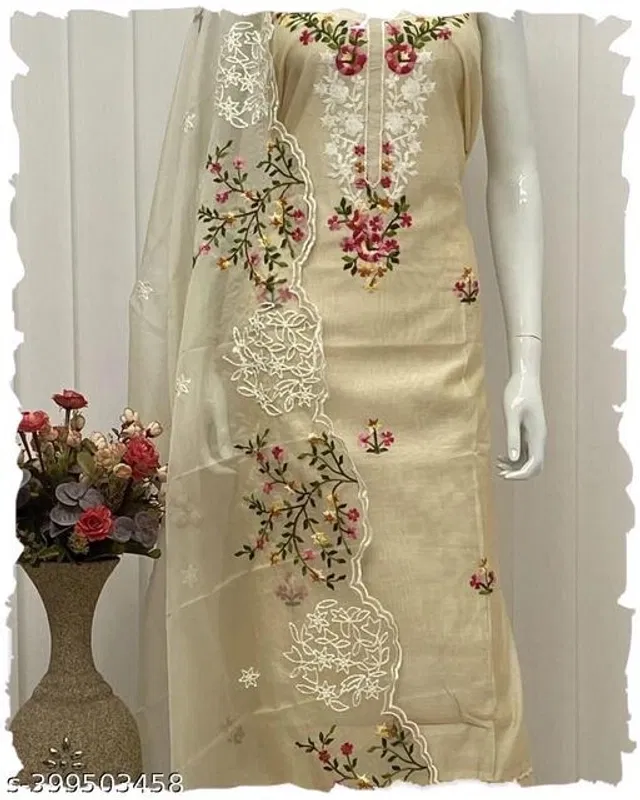 Embroidered Unstitched Suit for Women (Beige, 2.25 m)