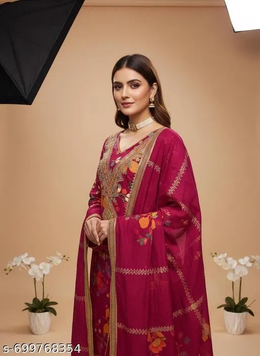Bandhani Printed Jaipuri Designs Embroidered Top Bottom Duppata for Women (Red, Un Stitched)