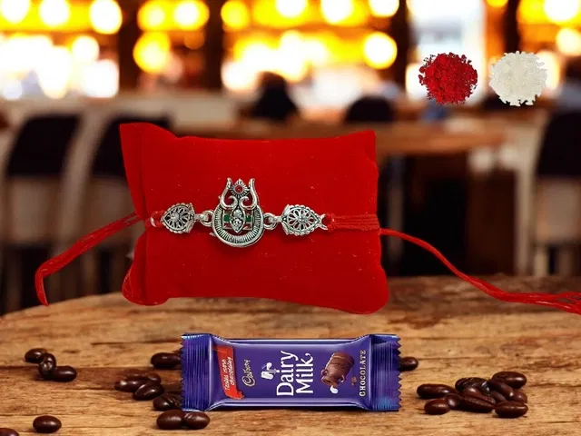 Metal Rakhi with Greeting card, Roli & Chocolate (Multicolor, Set of 1)