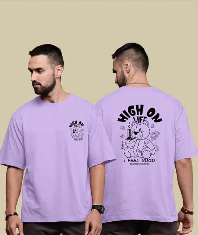 Round Neck Printed Oversized T-Shirt for Men (Lavender, L)