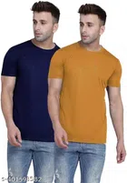 Round Neck Solid T-Shirt for Men (Navy Blue & Mustard, S) (Pack of 2)