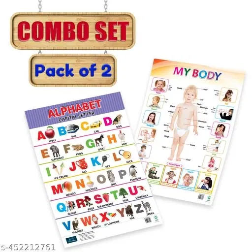 Bookford Publications Both Sides Big Laminated Charts – Alphabet (Capital & Small Letters) & My Body | Set of 2 | Educational Wall Charts for Toddlers & Preschoolers | Early Learning Letters & Human Body Charts | Durable, Colorful & Kid‑Friendly