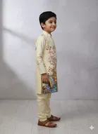 Silk Blend Printed Kurta & Payjama Set For Boys, Yellow 