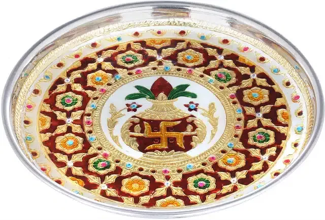 Stainless Steel Decorative Pooja Thali (Multicolor, 8 Inches)