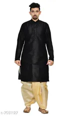 Dupion Silk Solid Kurta with Dhoti for Men (Black & Beige, S)