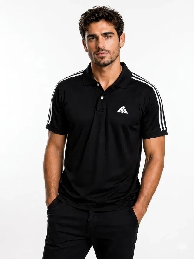 Striped Polo Neck T-Shirt for Men, Black (M)