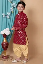 Dupion Silk Embellished Kurta with Dhoti for Boys, Maroon & Golden 